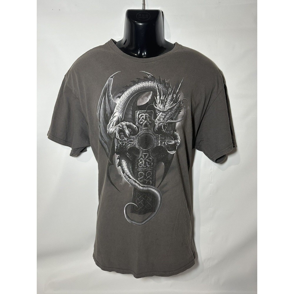 VTG Gray/Brown Affliction Dragon Celtic Cross XL Graphic Tshirt Gothic Delta